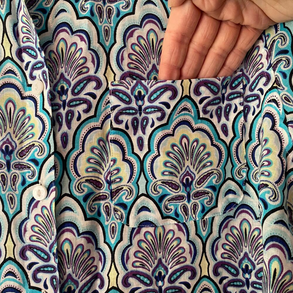 Chico's Blue Purple Paisley Print Button Down Shirt 100% Linen 2 / Large / 12 - Picture 5 of 9